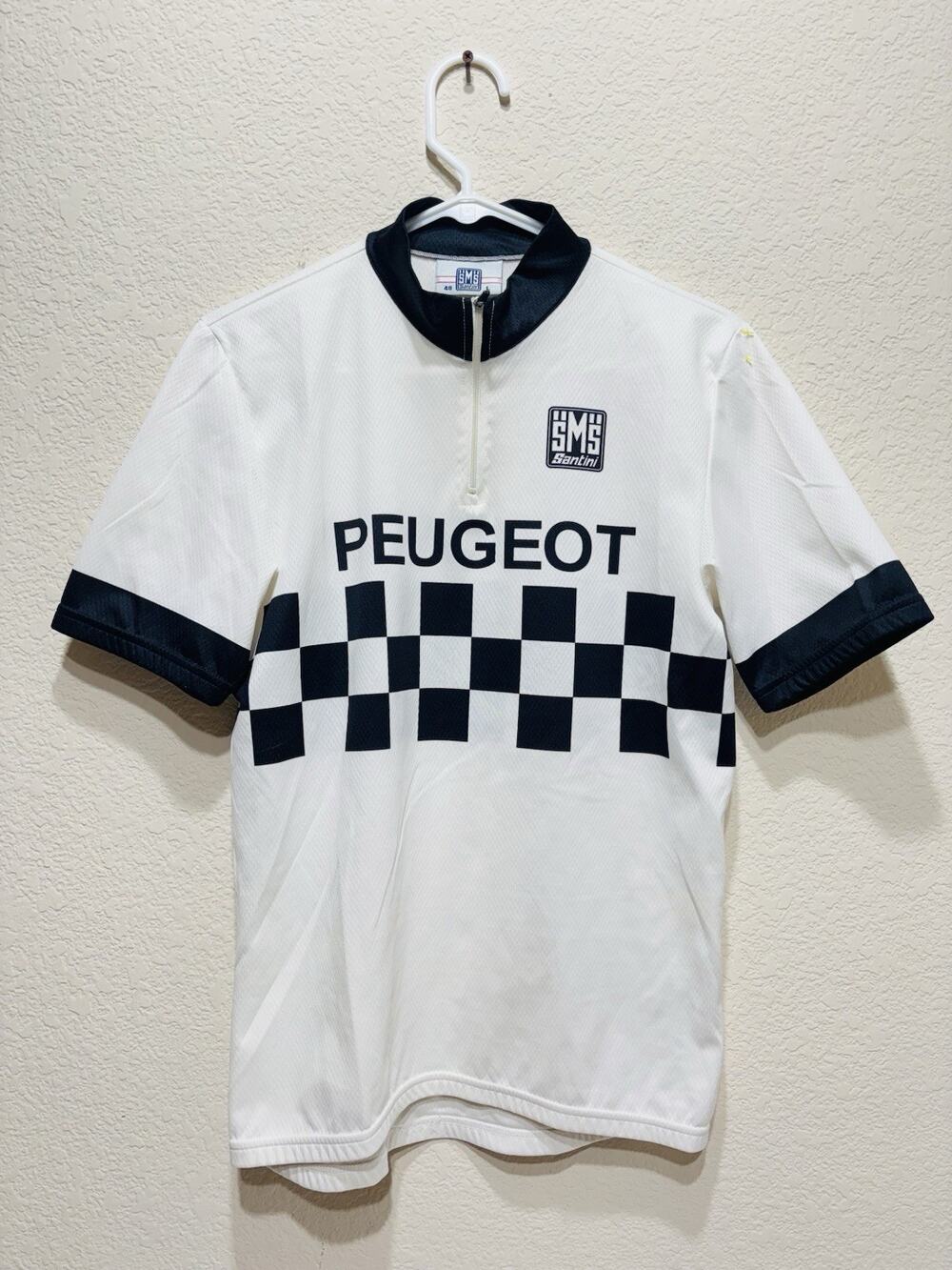 Vintage Peugeot Cycling Jersey Large SMS Santini Checkered